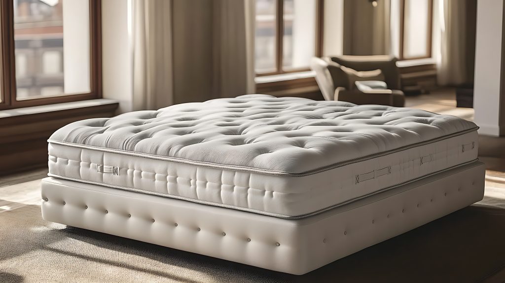 Lit élégant avec un matelas haut de gamme à capitons, posé sur une base rembourrée assortie, dans une chambre lumineuse avec de grandes fenêtres et des rideaux beiges. Idéal pour un tapissier décorateur cherchant à mettre en valeur un design luxueux et confortable.